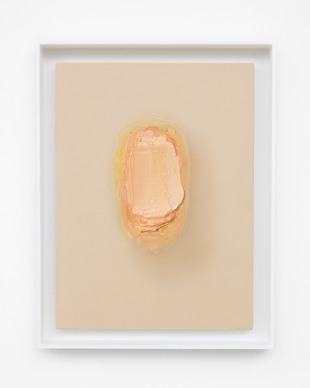 Abstract artwork featuring textured peach and beige paint on a rectangular canvas, presented in a white frame.